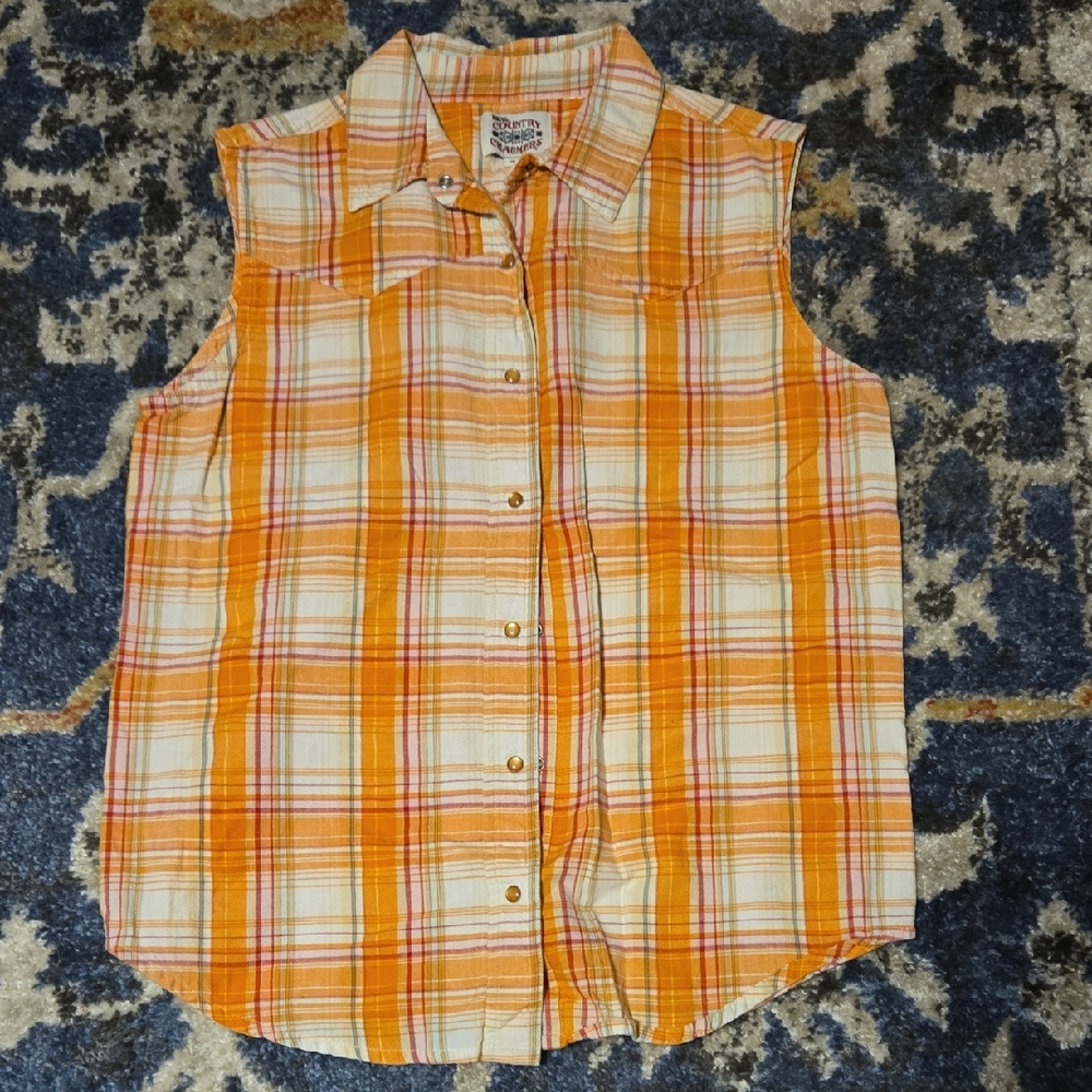Ely Country Charmers Orange Plaid Sleeveless Shirt